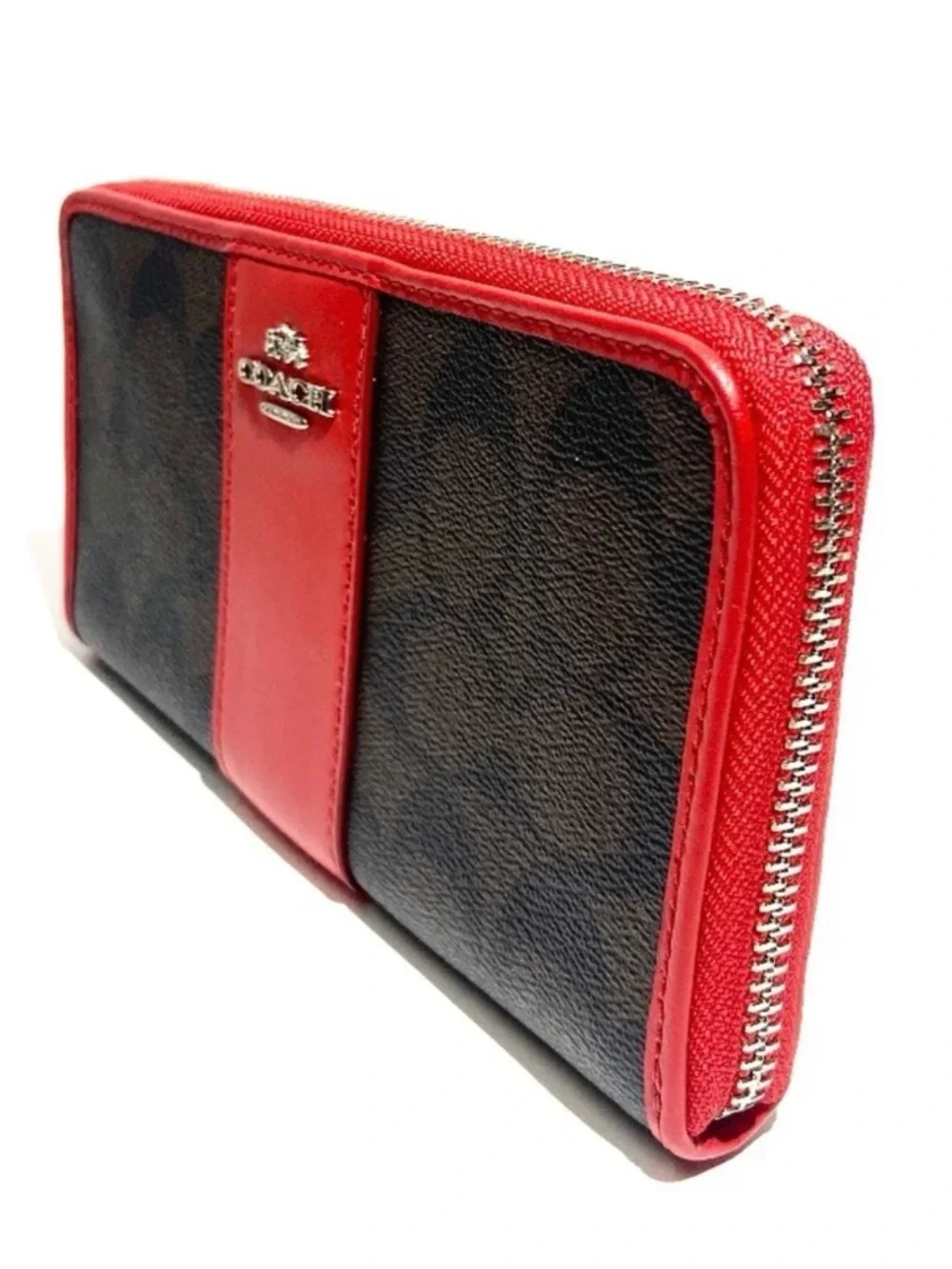 Coach Brown Signature Zip Wallet with Red Trim